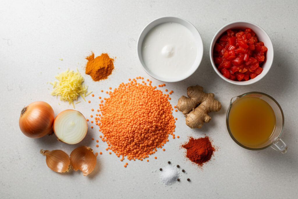 Zutaten für eine rote Linsen Kokos Suppe