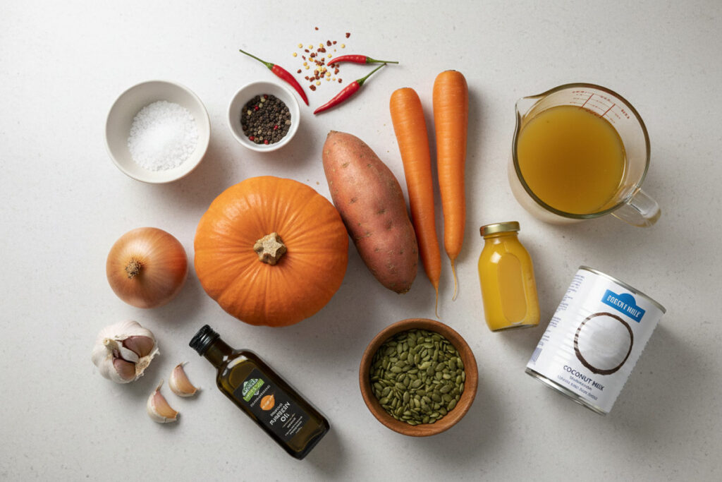 Alle Zutaten für eine vegane Kürbissuppe