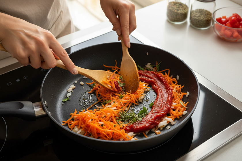 Andünsten in der Pfanne für den Veganen Karotten-Tomaten-Aufstrich