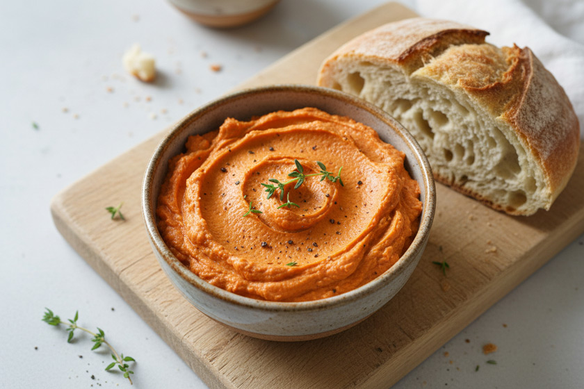 Veganer Karotten-Tomaten-Aufstrich it Kräutern und Brot