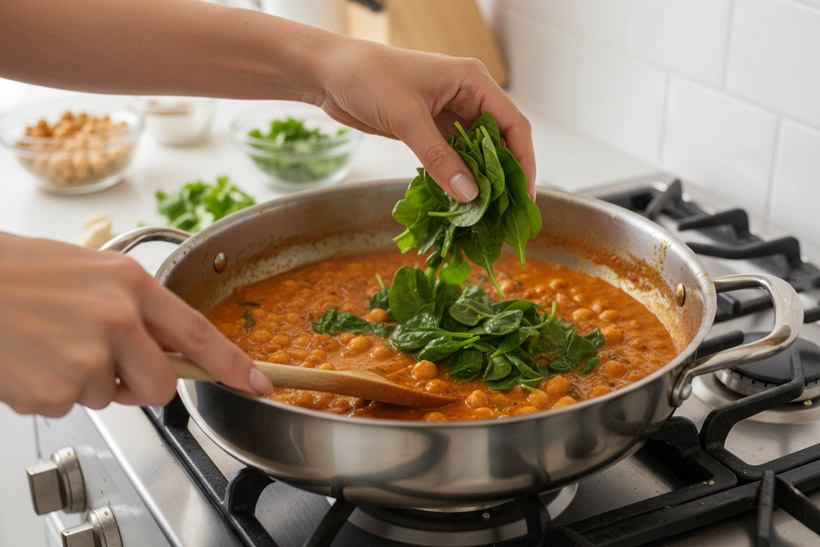 Zubereitung in der Pfanne vom Kichererbsen Kokos Curry