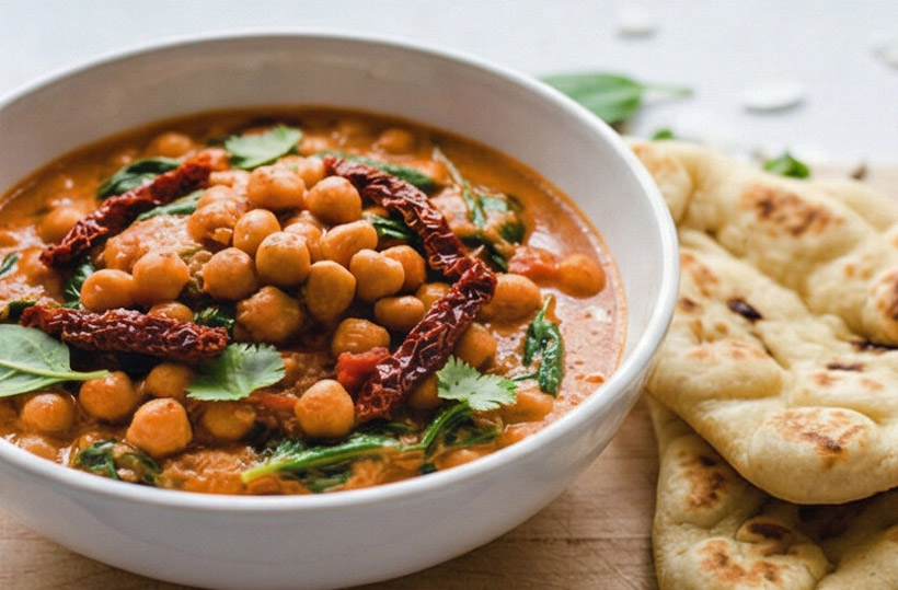 Nahaufnahme Kichererbsen Kokos Curry mit getrockneten Tomaten