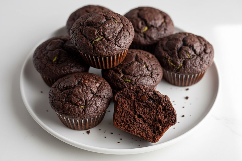 Schoko Zucchini Muffins auf einem Teller