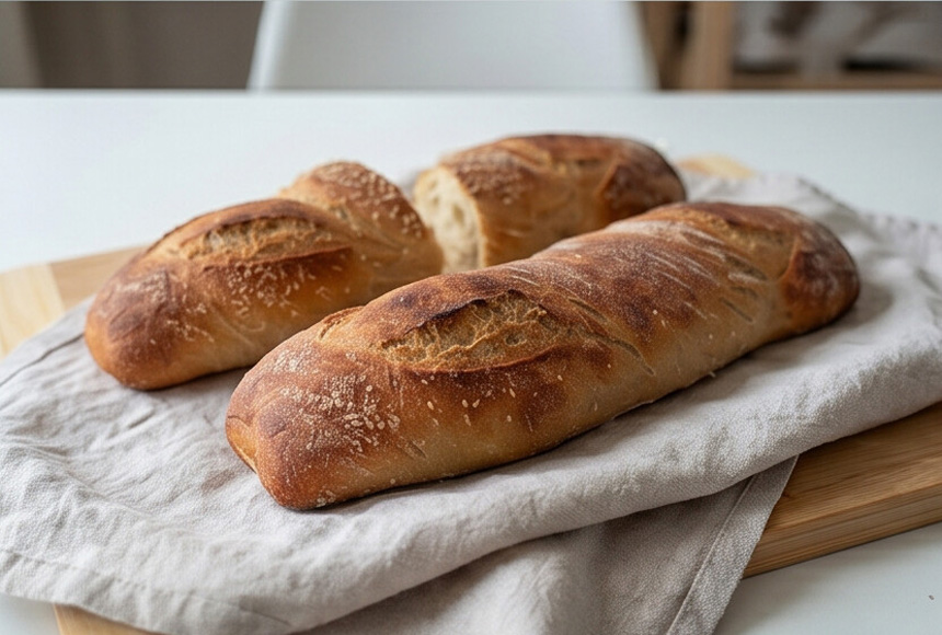 Rustikales Baguette auf einem Stofftuch