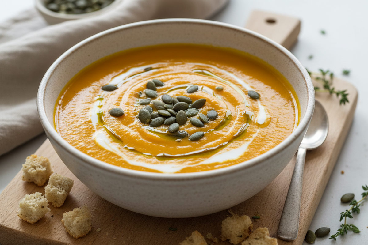 Vegane Kürbissuppe serviert in einer Schüssel