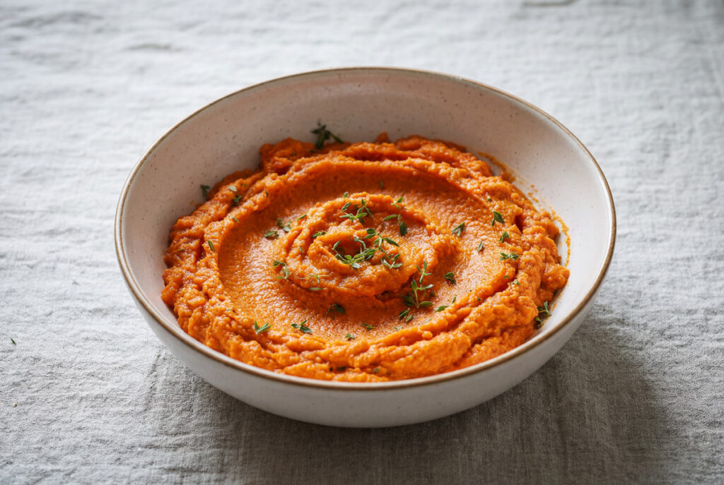 Veganer Karotten-Tomaten-Aufstrich in einer Schüssel