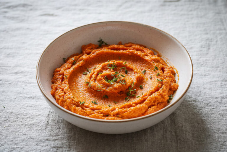 Veganer Karotten-Tomaten-Aufstrich in einer Schüssel