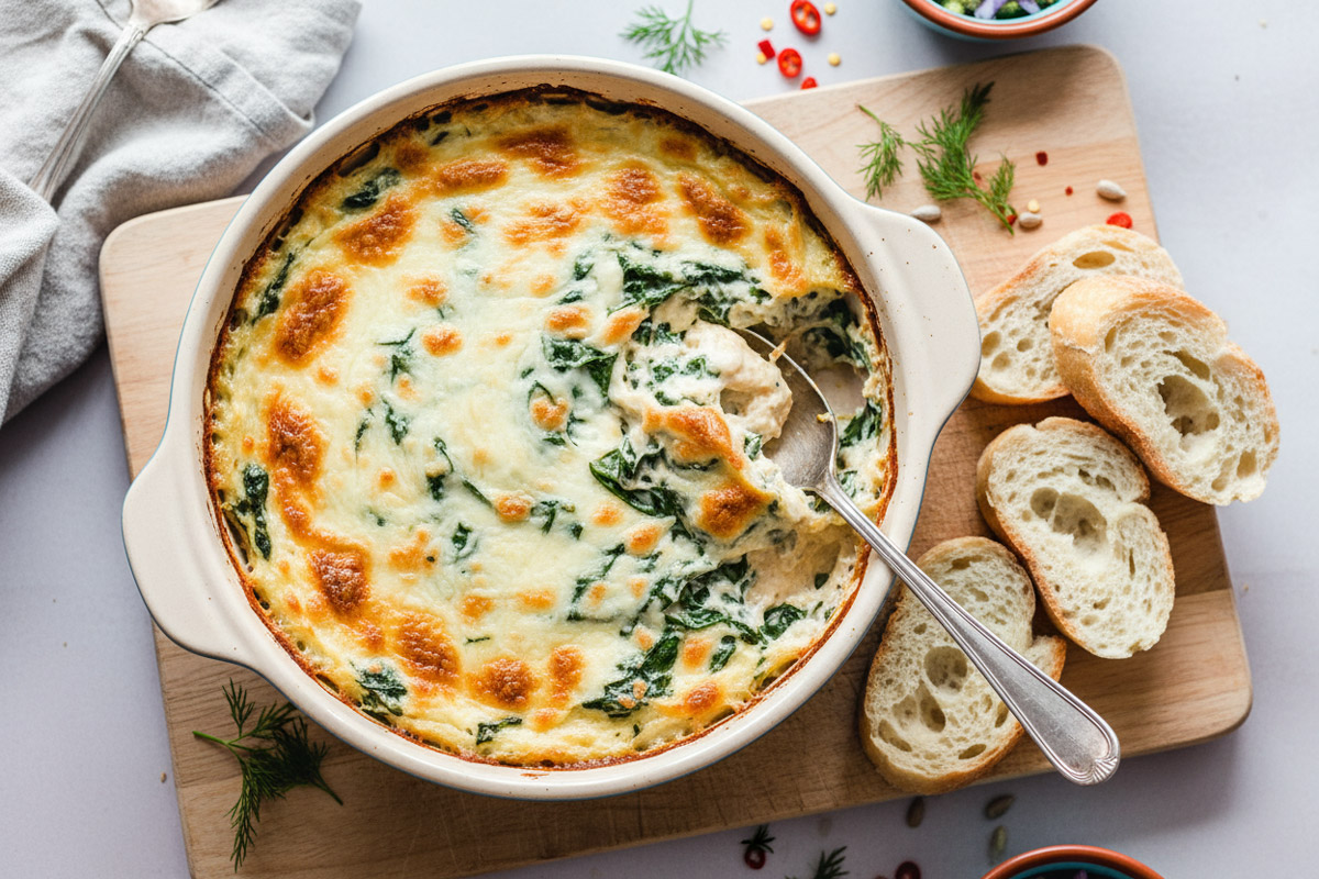 Spinat-Artischocken-Dip mit frischem Baguette