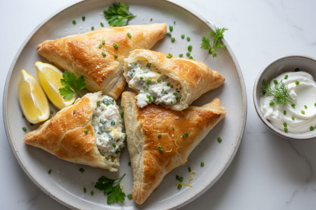 Knusprige Teigtaschen mit Fisch und Zitronencreme