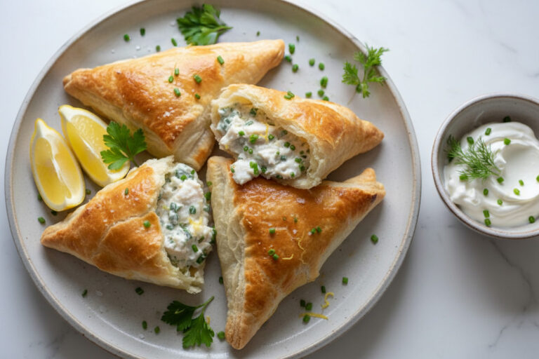 Knusprige Teigtaschen mit Fisch und Zitronencreme