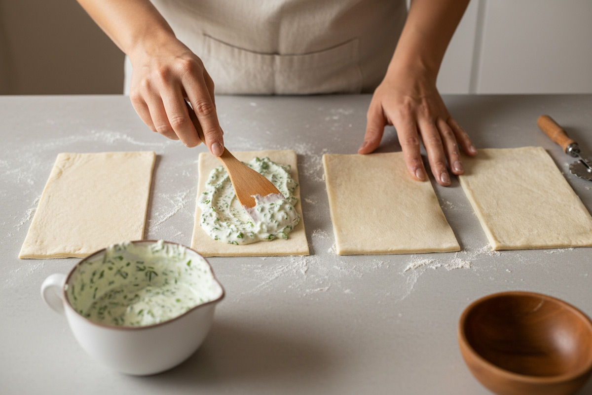 Füllung verstreichen für Knusprige Teigtaschen mit Fisch und Zitrone