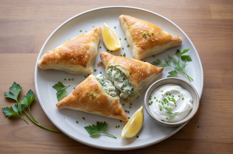 Knusprige Teigtaschen mit Fisch und Zitronencreme